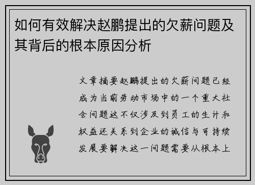 如何有效解决赵鹏提出的欠薪问题及其背后的根本原因分析